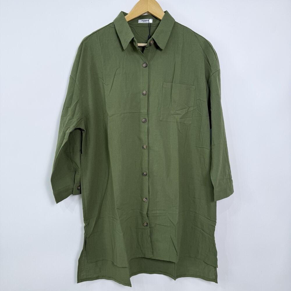Womens Button‎ Up Tunic Top Size L Army Green Oversized Lightweight Lagenlook